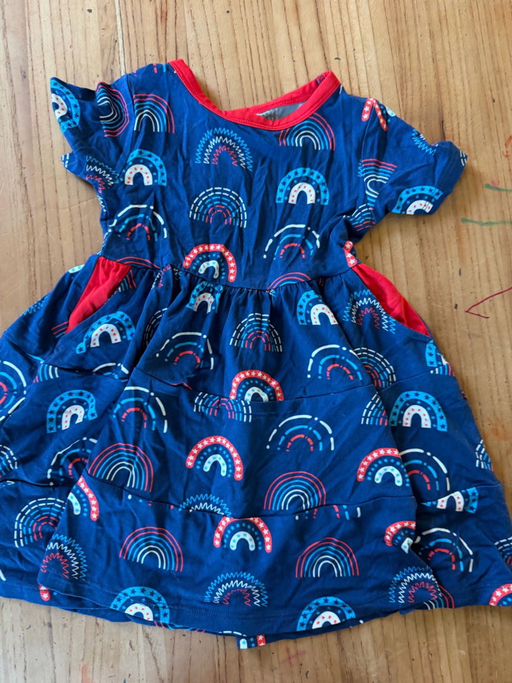 Girls Navy Rainbow Print Casual Dress with Red Trim
